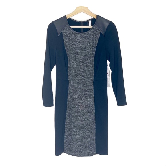 NWT Kensie Combo Tweed Faux Leather Dress Long Sleeves Black Gray Sz XS - Picture 1 of 16